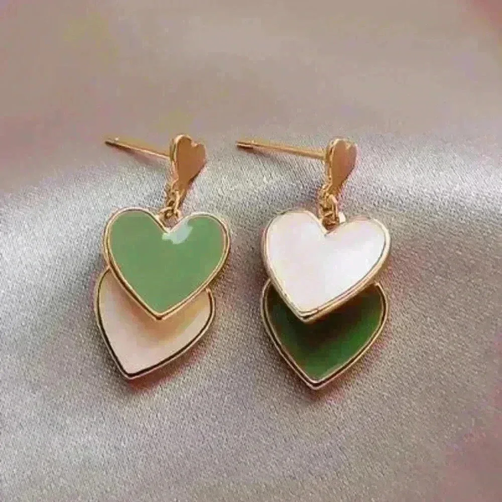 Double Green and White Heart Drop Earrings